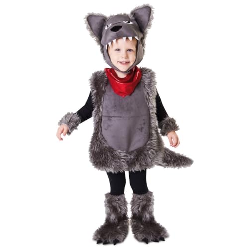 My Other Me - Disfarce de lobo infantil unissexo cinzento com gorro, macacão, pulseiras, capas de botas e cauda tamanho 5-6 anos. Transforme o seu filho no lobito mais encantador da floresta.