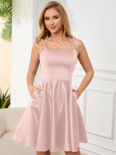 Image of Homecoming Dresses for Teens Knee Length Spaghetti Strap with Pockets Satin Backless Prom Dress