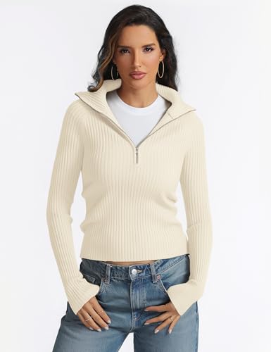 Prettywear 2025 Women's Half Zip Pullover Sweaters V Neck Collared Long Sleeve Ribbed Knit Fall Tops Dressy Casual2