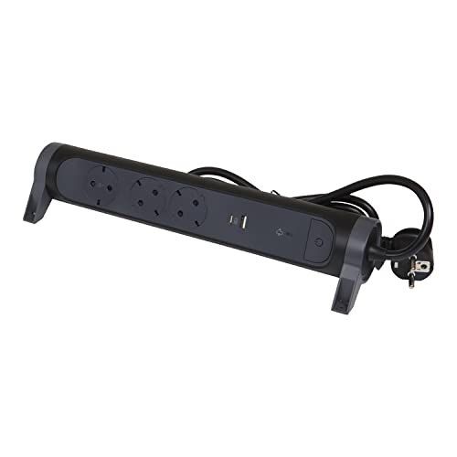 legrand, multiprise rotative, 3 prises, multiprise, port usb a et usb c, protection contre les surtensions intégrée avec indicateur d'état (spd), câble de 1,5 m, noir/gris foncé, 694512