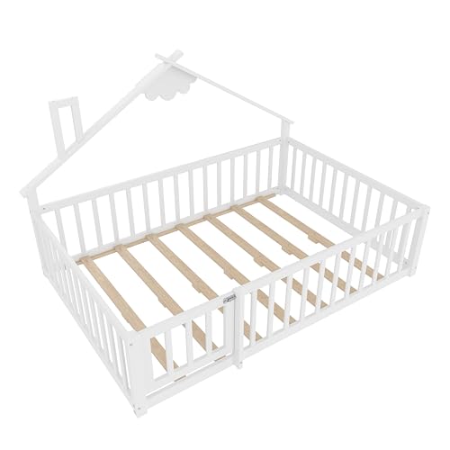 Miniatura 9 de Huayz Cama De Suelo De 140 X 190 Cm Con Protección Anticaída Y Puerta Con Cerradura, Estructura De Cama Infantil, Cama De Madera De Pino Con Somier, Cama De Madera, Sin Colchón