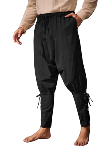 Runcati Mens Medieval Ankle Banded Pants Renaissance Viking Pirate Navigator Costume Pants Lace Up Cotton Halloween Trousers Black