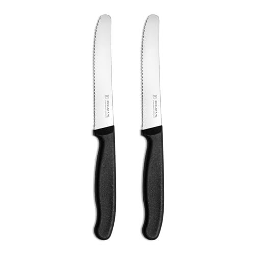 targzier Tomato Knife Set of 2 Serrated Kitchen Knife Stainless Steel Utility Knife Sharp Table Knifes Wavy Edge Small Kitchen Knives Ergonomic Handle Tomato Knives Set Black