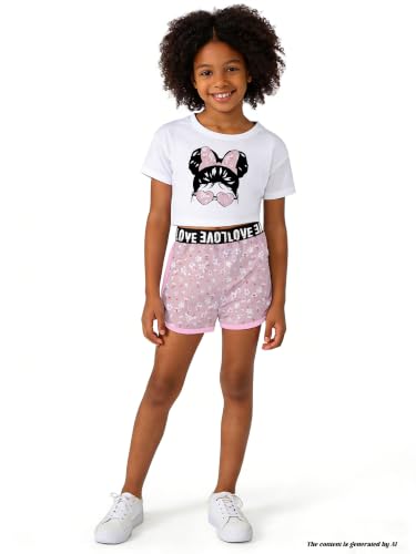 Image of Betusline Girls Summer 2 Piece Outfits,Kids Short Sleeve Crop Top & Shorts Set with Side Pockets