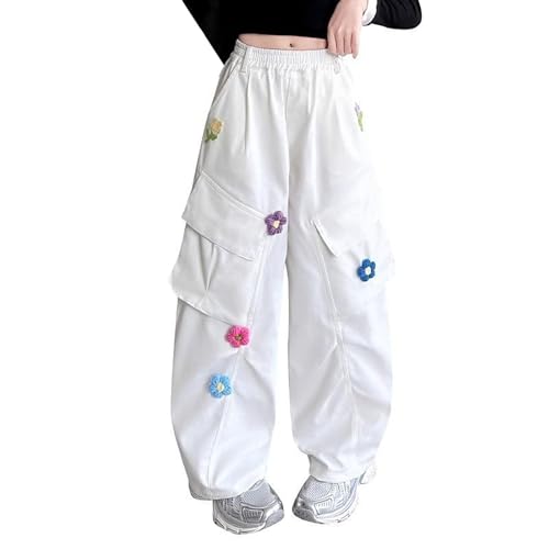 Girls Baggy Sweatpants Cargo Wide Leg Elastic Waist Pink Y2K Athletic Joggers Dance Running (White, 15-16 Years)