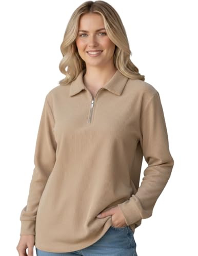 Image of Mack Jonney Women's Ribbed Zip Polo T-Shirt | Full Sleeve Collared Top | Camel Beige Casual Sweatshirt | Regular Fit-M7403