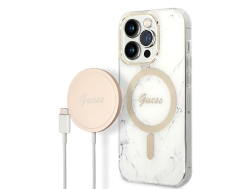 Guess Bunddeln GUBPP14LHMEACSH Coque et Chargeur iPhone 14 Pro 6,1" Blanc Coque Rigide Marbre