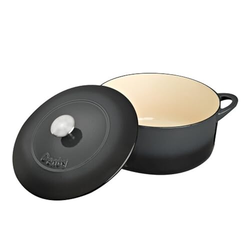 Denby - Halo Black Cast Iron Casserole Dish - Dutch Oven, Round Oven Safe Pot, Enamelled - 5.4L Capacity, 10in - Serves 6 People