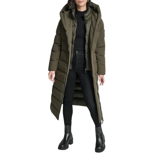 DKNY Women's Maxi Puffer Coat with Bib and Shawl Collar