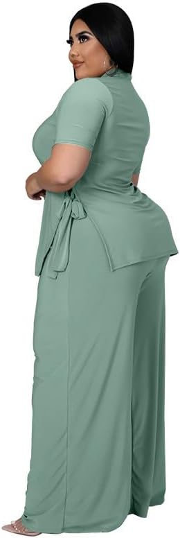 Wide Leg 2 Piece Outfits for Women Sweatsuit Sexy Short Sleeve Split Shirt Pant Set Casual Tracksuits - Image 2