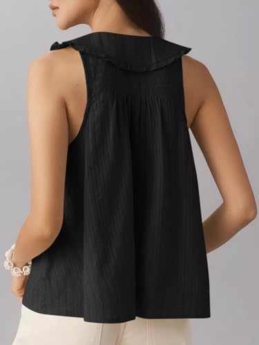 Womens Peter Pan Collar Sleeveless Shirt Summer Eyelet Cotton Button Down Tank Tops Casual Ruffle Flowy Blouse Vest4