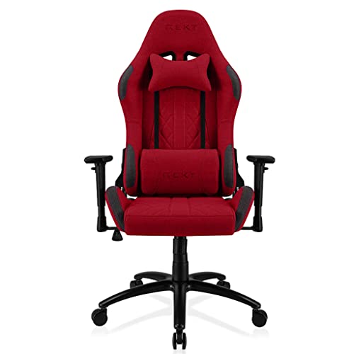 REKT Ultim8-RS – Gaming-Stuhl aus hochwertigem Stoff – 160 ° neigbar – 3D-Armlehnen – verstellbares Kissen für Nacken – Lombierkissen – Bürostuhl unterstützt 150 kg (rot)