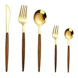 TOYANDONA Cubiertos de Acero Inoxidable Mango de Madera Juego de 5 Piezas Dorado Diseño Nórdico para Hogar Restaurante Cafetería y Tienda de Postres