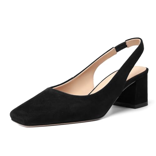 FOGEENA Womens Solid Suede Night Club Slip On Dress Square Toe Chunky Leather Low Heel Pumps Shoes 2 Inch