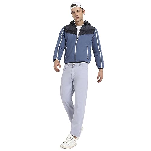 Image of CAHOOT Men's Prussian Blue Contrast Panel Puffer Jacket With Insert Pocket For Casual Wear | Hood Neck | Long Sleeve | Zip Closure | Polyester Jacket Crafted With Comfort Fit For Regular Wear