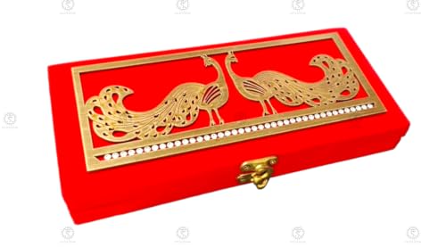 Image of SHAKTISM Wooden Decorative and Attractive Cash Box, Shagun, Jewellery, Money Envelop Wedding, Gift, Bangel Box (Peacock Red, 20 x 8.5 x 3 cm, Rectangular, Antique Style, 1 Pack)