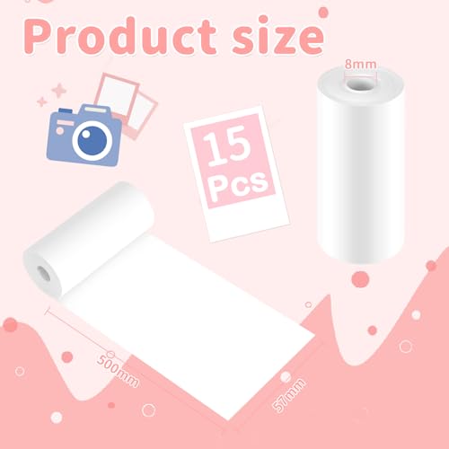 Thermopapier für Kinder Sofortbildkamera, 15 Rollen Thermopapier Kinderkamera, Thermodrucker papier weiß, Nachfülldruckpapier, Thermopapiers für Scrapbooking, Fotos, Notizen, Etiketten(57mm x 500mm)
