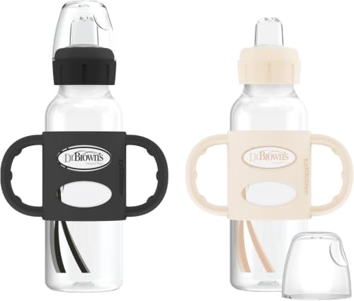 Dr. Brown's Milestones Narrow Sippy Spout Bottle with 100% Silicone Handles, Easy-Grip Handles with Soft Sippy Spout, 8oz/250mL, Black &amp; Ecru, 6m+, 2 Count (Pack of 6)
