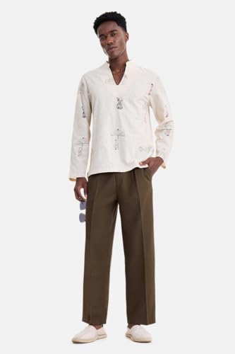 Image of SNITCH Men Trousers Holiday & Casual Wear | Relaxed Fit Pleated Front & Straight Leg Design | Breathable Cotton Linen Blend Fabric for Summer & Vacation Outings