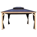 Kozyard Apollo 12’x14’ Hardtop Gazebo, Wooden Coated Aluminum Frame Canopy with Galvanized Steel Double Roof, Outdoor Permanent Metal Pavilion with Netting for Patio, Deck and Lawn (12ft x 14ft)