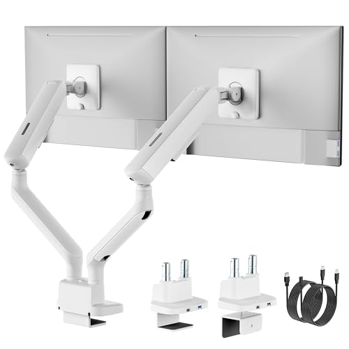 monTEK Dual Monitor Arm with USB, Mechanical Spring Monitor Arm for 17-35" Screens, Adjustable Monitor Desk Mount Each Holds up to 24.2 lbs with C Clamp/Grommet Desk Mount, VESA 75/100mm, MA1011UCWH-D