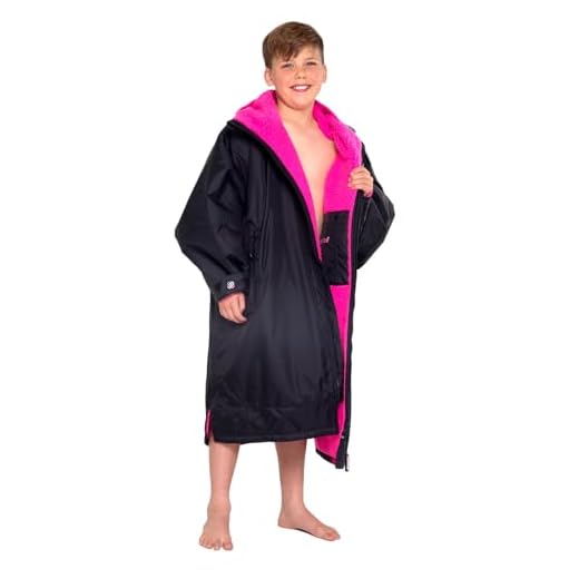 dryrobe Advance omkleedjas met lange mouwen - Blijf warm en droog - Winddicht Waterdicht Oversized Ponchojas - Zwemmen/Surfen/OCR-evenementen (Kindermaat, 10-13 - Zwart/Roze)