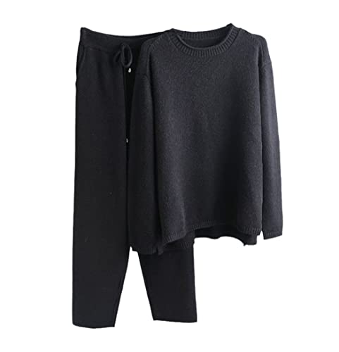 Survêtement tricot 2 pièces femme noir avec pull col O et pantalon confortable en taille unique