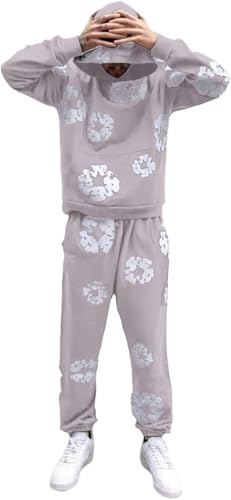 Genérico Chándal de Flores para Hombre,2 Piezas Kapok Estampada Conjunto Hombre Sudadera con Capucha+Pantalones,Y2K Hip Hop Traje de Jogging Set