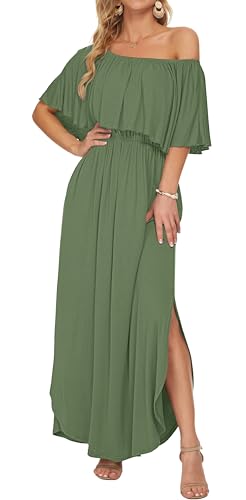Image of AUSELILY Womens Off Shoulder Ruffle Split Summer Maxi Dresses with Pockets | Off-shoulder Ruffle dress with empire waist & side split for summer beach and casual parties