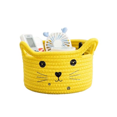 Image of Woven Basket Cartoon Cotton Rope Gifts Basket with Handle Empty Baby Wicker Storage Basket Nursery Box Bin Kids Organizer Cat Dog Toy Basket Easter Basket,Yellow