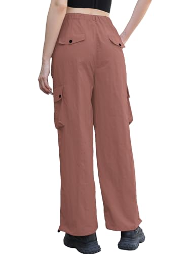 Image of Cromoncent Womens High Waist Parachute Pants Y2K Cargo Trousers with Pockets, Rust Red, S