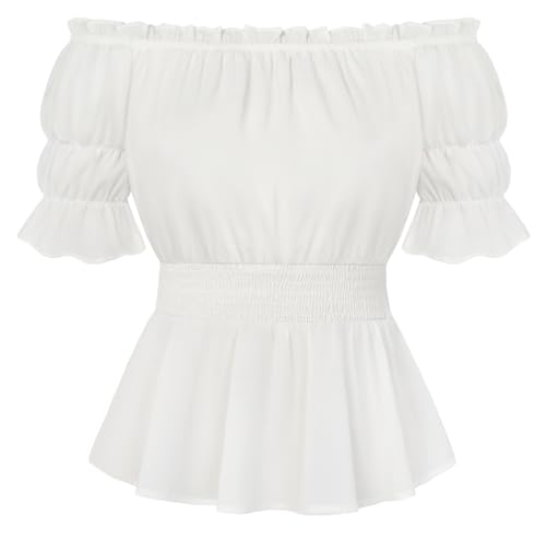 Scarlet Darkness Renaissance Pirate Shirt Women Summer Off Shoulder Tops Short Sleeve Peplum Peasant Blouses White L