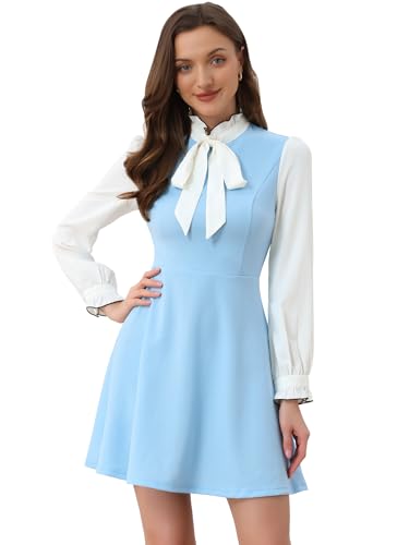 Image of Allegra K Tie Neck Dresses for Women's 1960s Vintage Long Sleeve Contrast Color Dress