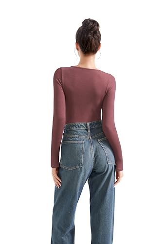 Image of SUUKSESS Women Sweetheart V Neck Long Sleeve Tops Lace Trim Ribbed Modal Fall Going Out Shirts
