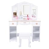 GarveeLife Kinder Schminktisch mit Beleuchtung, Frisiertisch mit Hocker, Kinderschminktisch mit 3 Schubladen, 4 Offenen Fächern, Kosmetiktisch für Mädchen, Weiß