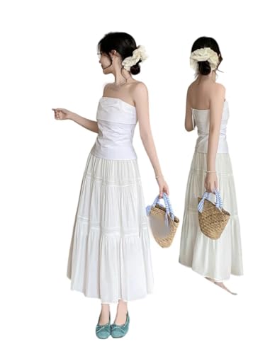 Women Elastic Waist with Wide Swing Midi Skirts Summer Lace High Waist Slimming A-Line Cake Skirt2