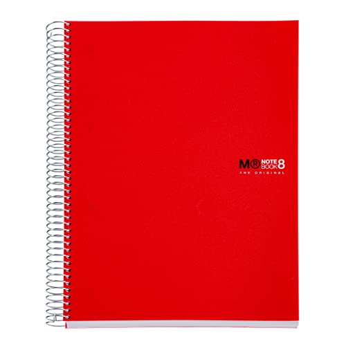 Miquelrius - Quaderno A4, 200 fogli in 8 colori, Carta 70 g/m², Quadretti 5 mm, Copertina in polipropilene 0,8 mm, Spirale 360°, 4 fori, Prodotto in Spagna, Notebook The Original, Rosso