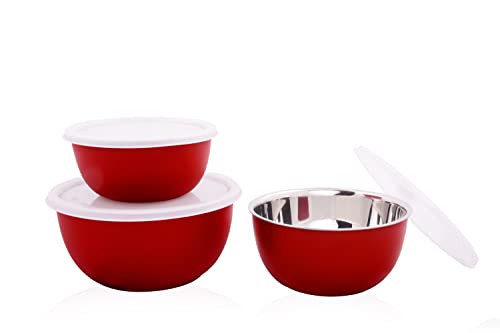 Bowl Fiery Stainless Steel Microwave Safe Bowls With Lids (14, 16,18 Cm) 3 Pieces Set (Red), 2500 ML