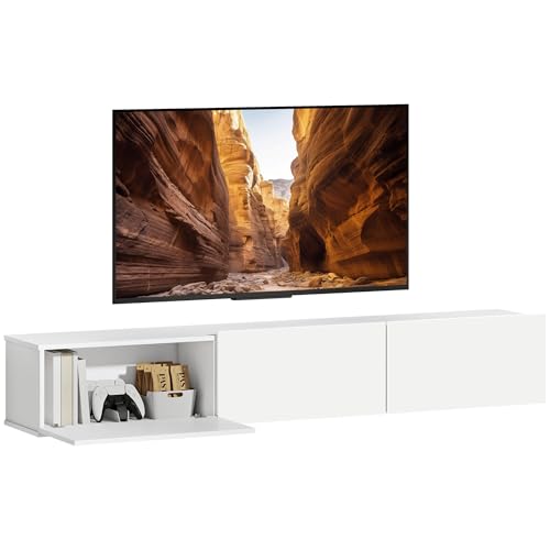 HOMCOM Mobile TV Sospeso, Mobile Porta TV Fino a 82" con Armadietti 3 Ante a Ribalta Soft Close, Mobiletto per Televisore per Soggiorno, Camera da Letto e Salotto, 180x31.5x29.8 cm, Bianco