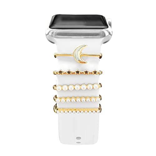 Image of 5Pcs Charms for Apple Watch band 41mm 45mm 40mm 44mm 38mm 42mm 46mm 49mm Women,Diamond+Metal Jewelry Decorative Ring For iWatch series 11 10 9 8 7 6 5 4 se 3 /2,Galaxy watch 7 /6 /5 /4,Strap Accessories