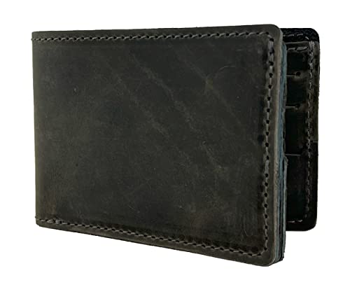 Minimalist Bi-fold Leather Wallet - with Guitar Pick Holder Full Grain Leather (Aged Steel)2