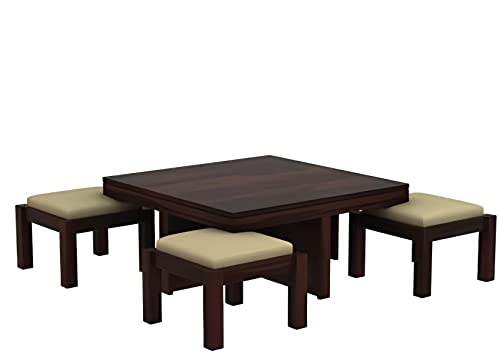 Image of Loonart Solid Sheesham Wood Coffee Table with Four Cushioned Stools | Idel for Living Room | Cafe | Restaurant | Space Saving Indoor Table Set | Finish Color - Walnut Finish | Cream Cushion |