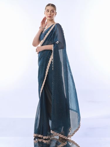 Image of ORHANS Women's Chiffon Saree with Unstitched Blouse Piece Solid Pattern and Laced Border | Lightweight Sarees for Woman | Plain Saris Daily Use | Womens Saree Modern Pattern| Stylish Saree