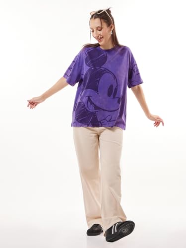 Image of Bewakoof X Disney Mickey Women's 100% Cotton Graphic Print Oversized Fit Half Sleeve Round Neck T-Shirt | Casual wear | Streetwear | Oversized Tshirt for Woman Cotton| Baggy