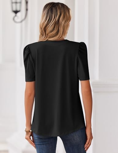 Image of Zeagoo Women Blouses Puff Short Sleeve Tops V Neck Dressy Casual Spring Shirts Boho Floral Cute Clothes 2026