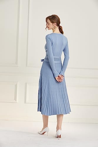 Image of Women's Long Knit Crewneck Sweater Dress Tie Waist A-Line Swing Pleated Bodycon