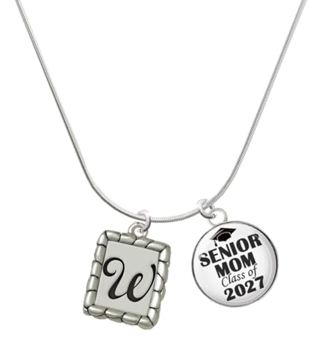 Delight Jewelry Silver Plated Pebble Border Initial - W - Senior Mom Class of 2027 Dome Necklace, 18"