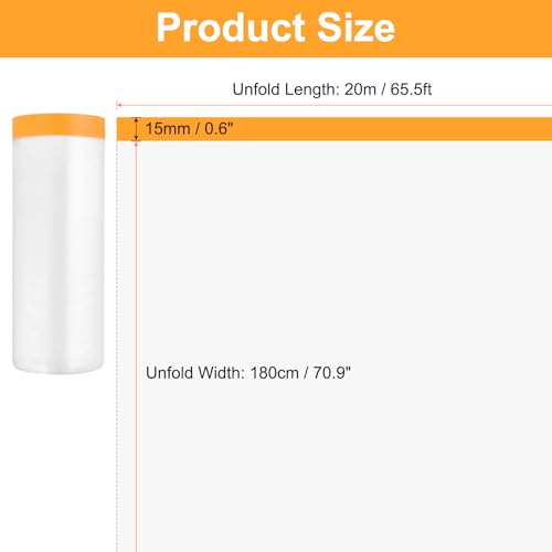 Image of HARFINGTON 6 Rolls Pre-Taped Masking Film 70.9 inch x65.6ft Tape and Drape Painters Plastic Drop Cloth Film with Tape Plastic Sheeting for Automotive Painting Covering