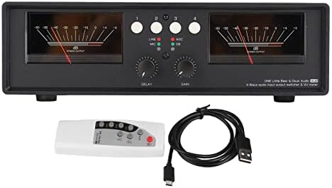 Splitter Switcher Box VU Meter Input 4 Way Stereo Switch Box Selector with Remote Control (Black Backlight)