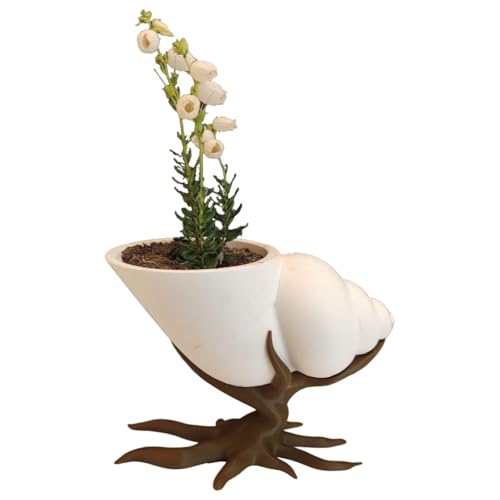 TIME&TRAVE 3D Printed Stump Planter with Shell Pot, Whimsical Brown Stump & White Seashell Design, Unique Flower Pot for Succulents, Air Plants, and Small Décor